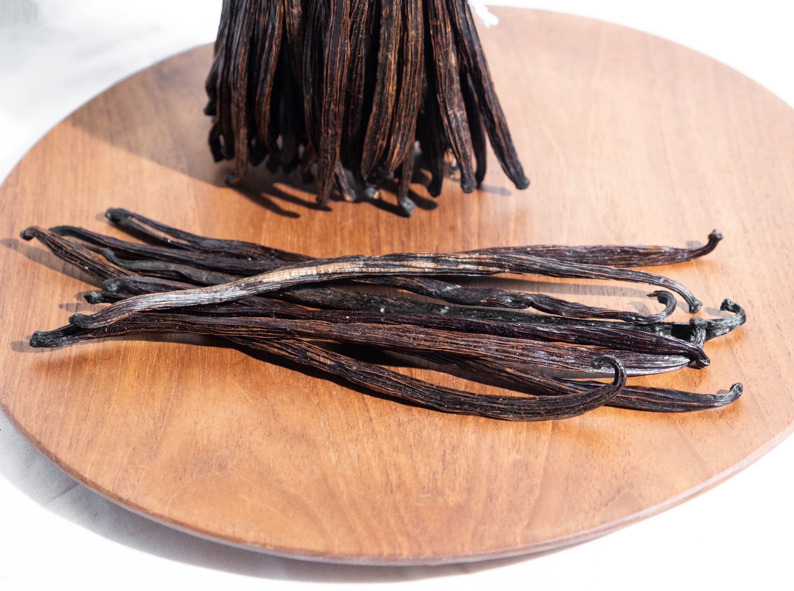 Close-up of cured Indonesian vanilla beans Grade C